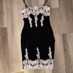 Haute Monde Black Dress with White Lace Accents